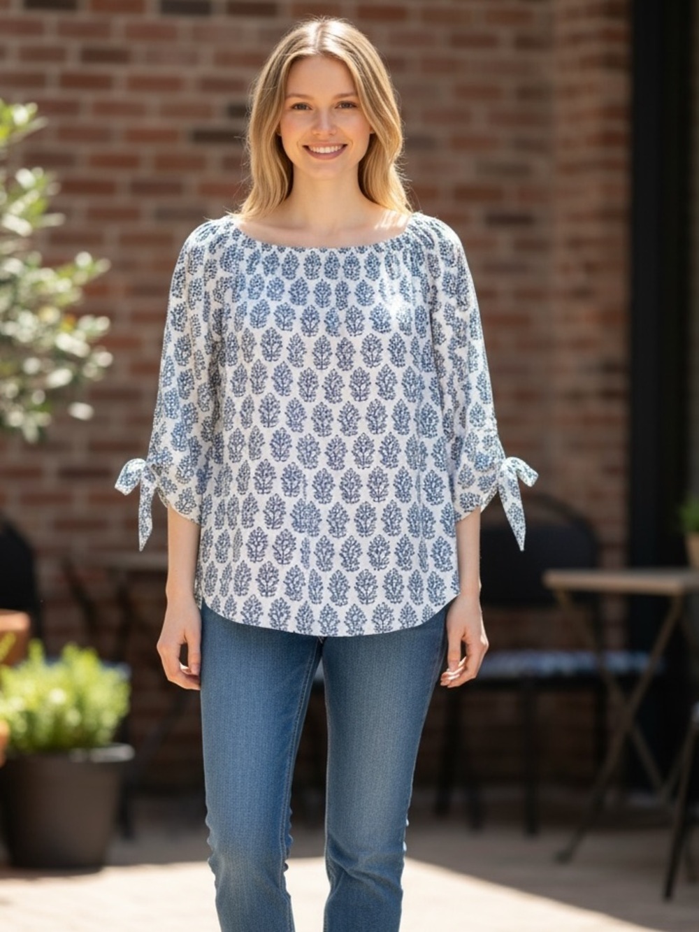 J. McLaughlin Blue Bohemian Print Blouse - 100% Cotton Boatneck Small Top